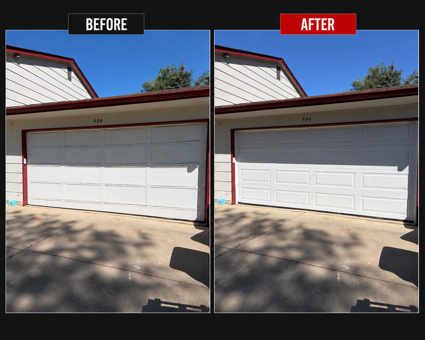 Before and after garage door installation in Lafayette, CO